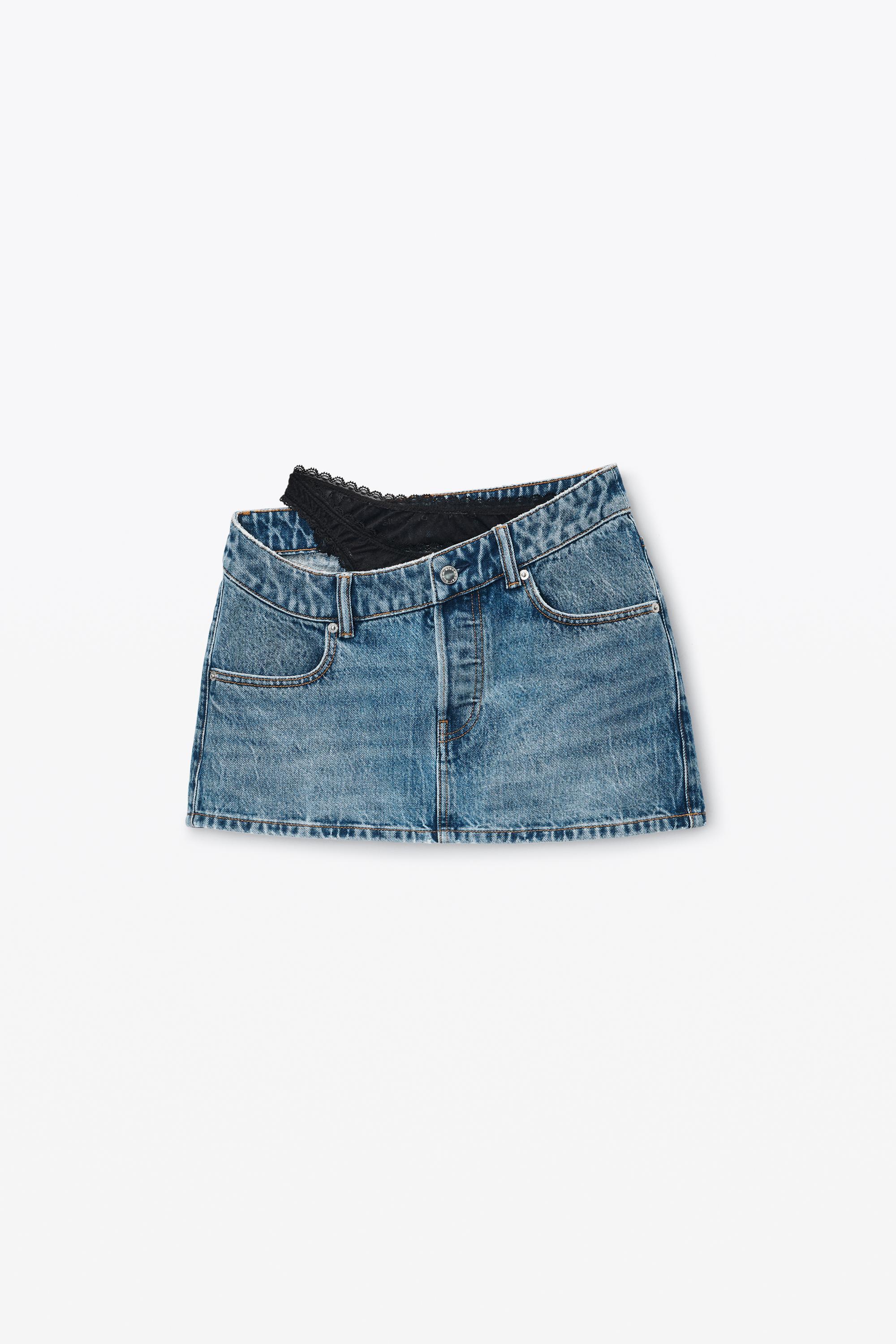 Pre-styled Denim Skirt With Asymmetrical Lace Waistband Product Image