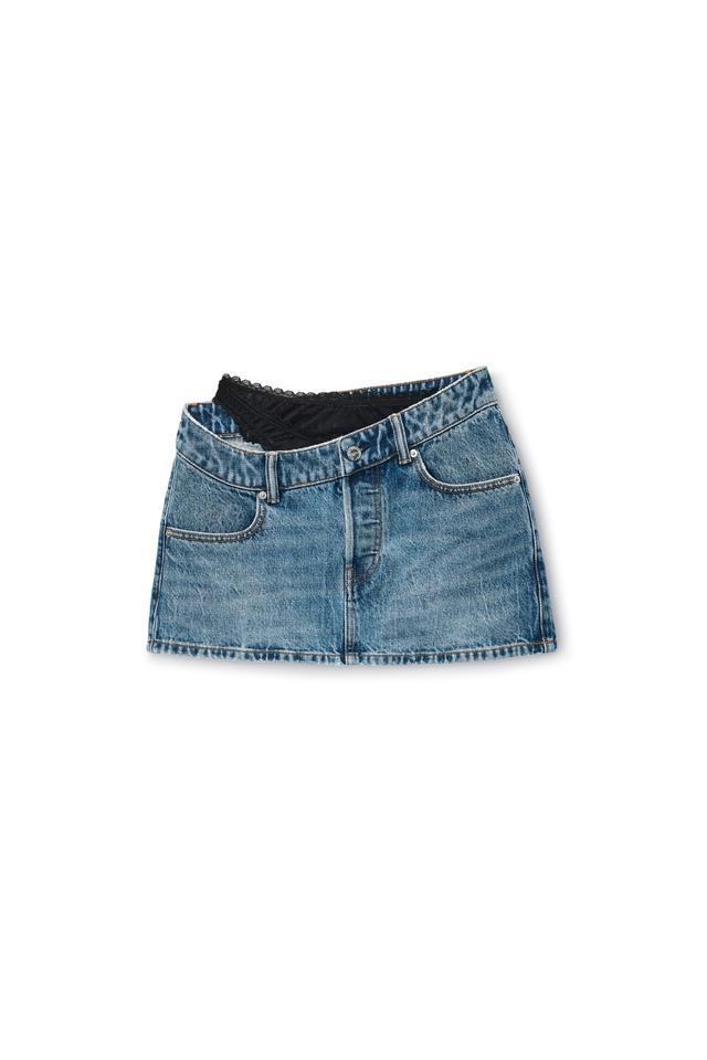 Pre-styled Denim Skirt With Asymmetrical Lace Waistband Product Image