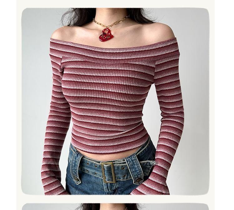 Long-Sleeve Off-Shoulder Striped Slim Fit Crop Knit Top Product Image