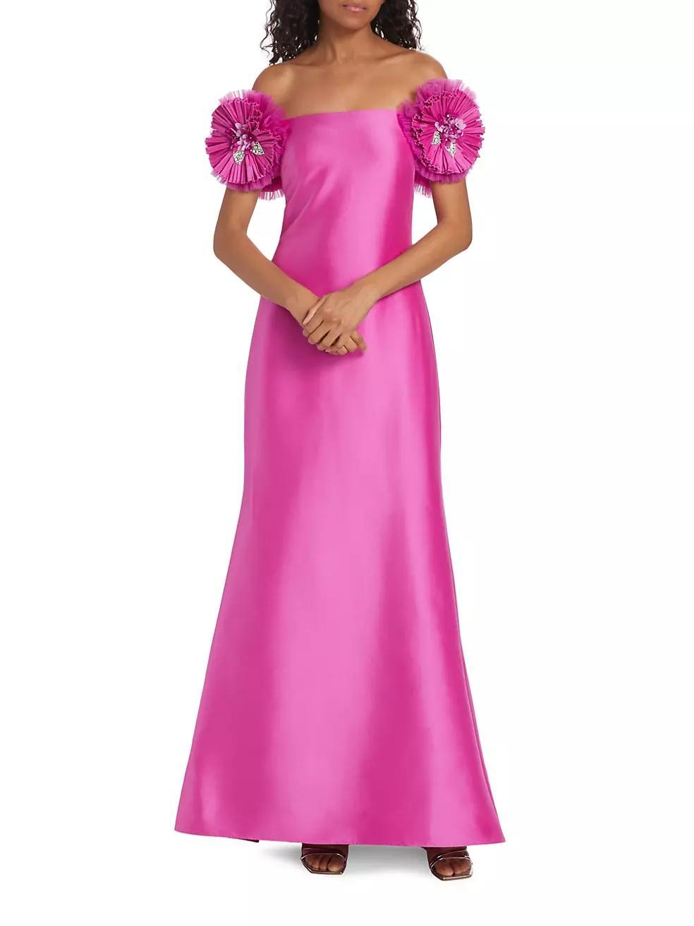 Floral Satin Off-the-Shoulder Gown Product Image