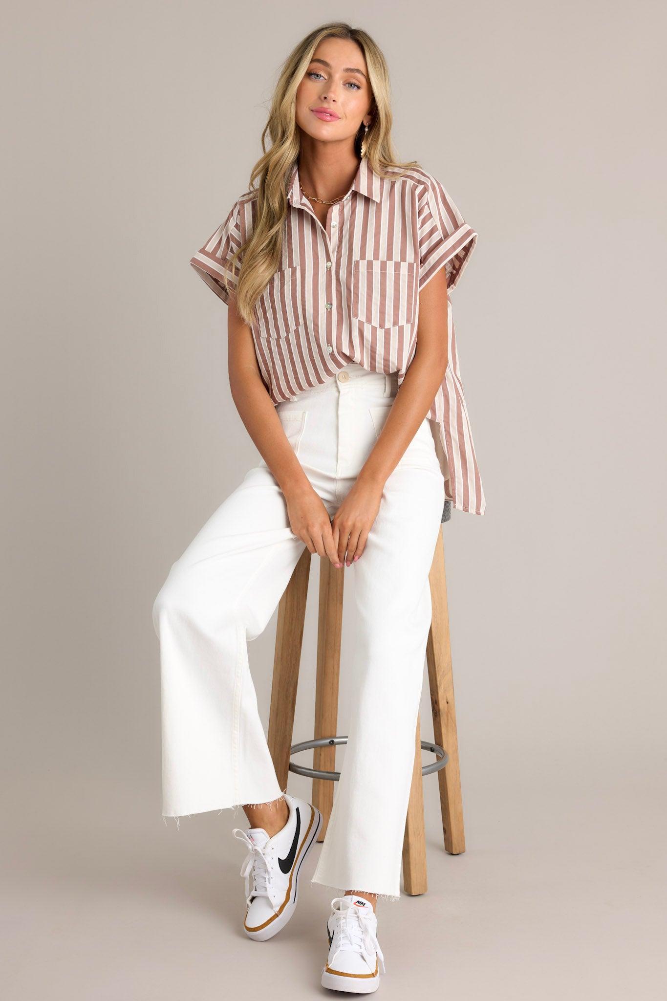 Timeless Choice Tan Stripe Button Front Top Product Image