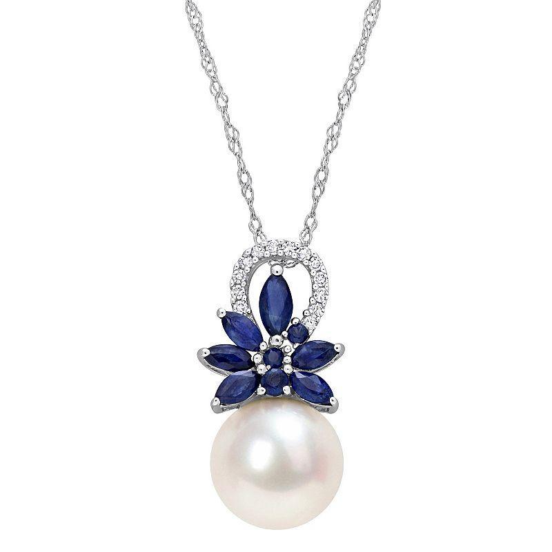 Stella Grace 14k White Gold Freshwater Cultured Pearl, Sapphire & Diamond Accent Flower Pendant Necklace, Womens Product Image