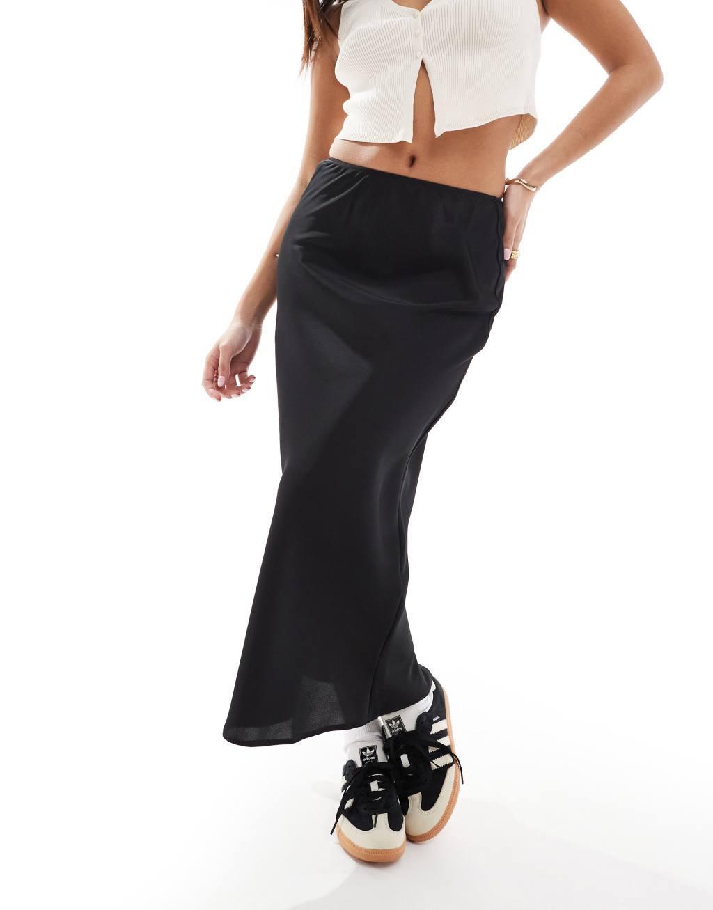 ASOS DESIGN Petite satin bias midi skirt in black Product Image