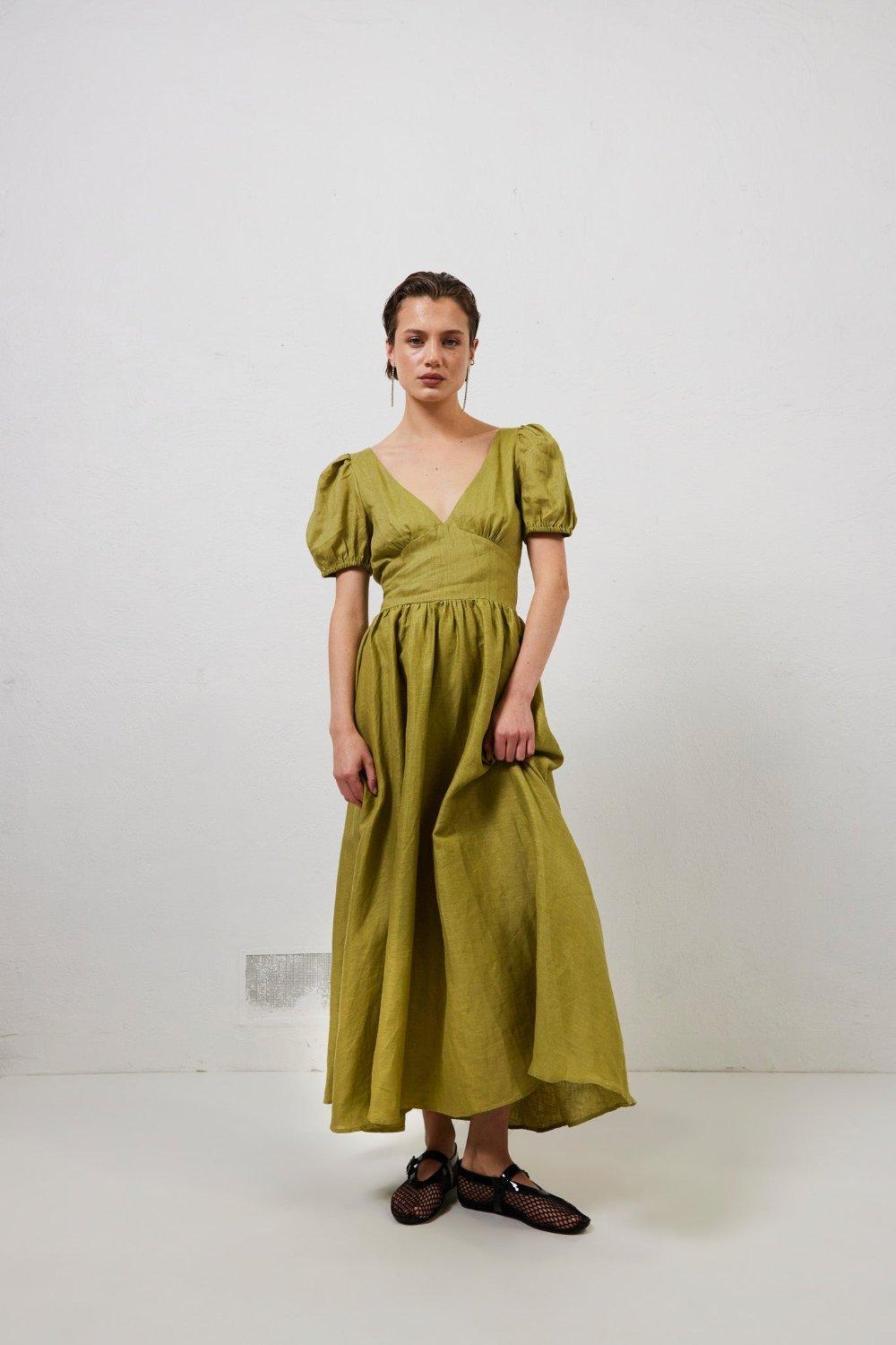 Paradiso Linen Midi Dress Olive Product Image