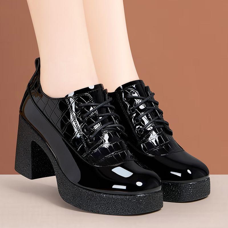 Croc Grain Platform Chunky Heel Lace-Up Shoes Product Image