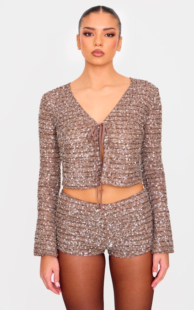 Taupe Textured Sequin Hot Pants  Product Image