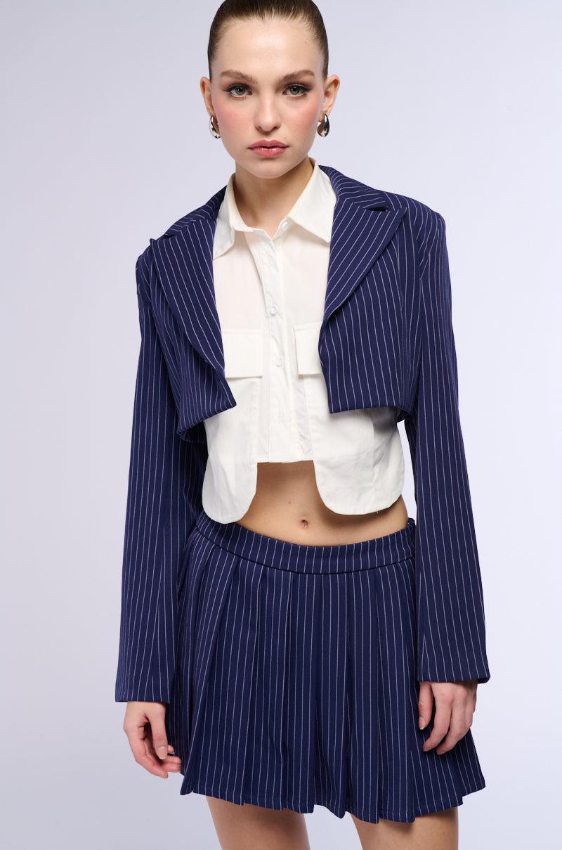 WHATS THE TEA PINSTRIPE CROP BLAZER IN NAVY Product Image