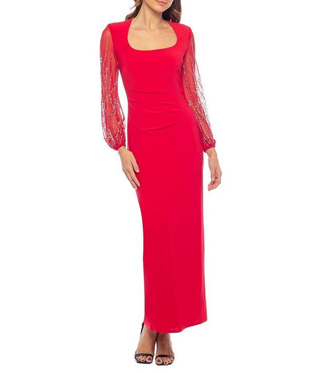 Marina Solid ITY Scoop Neck Power Mesh Beaded Sleeves Sheath Dress Product Image