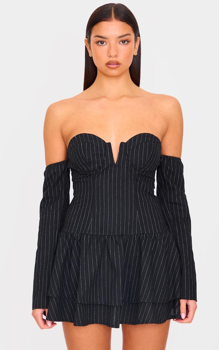 Black Pinstripe Cup Detail Bardot Shift Dress product image