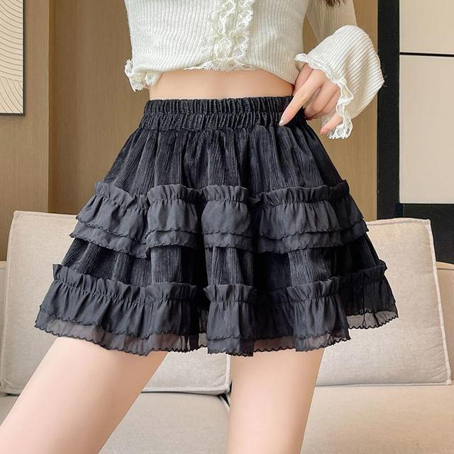 High Waist Plain Frill Trim Tiered Velvet Mini A-Line Skirt Product Image