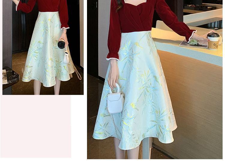 Long Sleeve Square Neck Velvet Panel Floral Printed Midi A-Line Dress Product Image