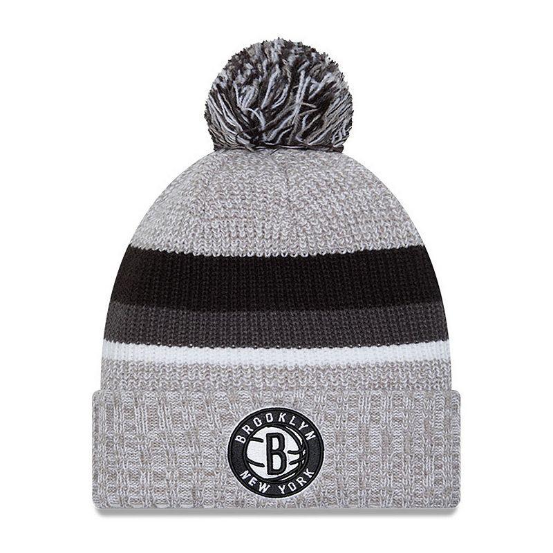 Mens New Era Heather Gray Brooklyn Nets Stripes Cuffed Knit Hat with Pom Product Image