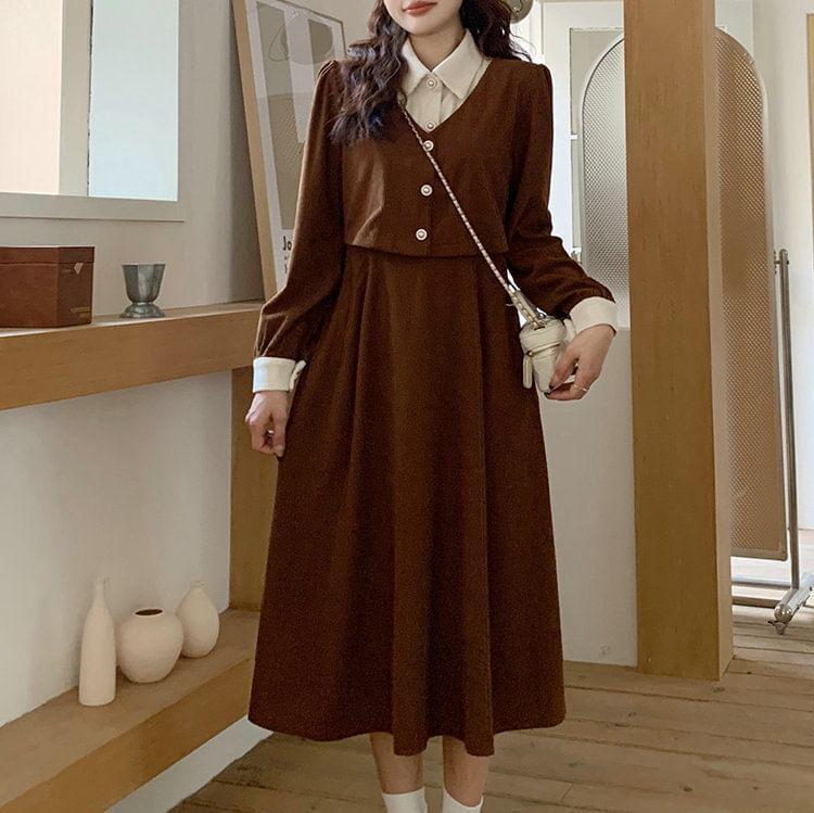 Mock Two-Piece Long-Sleeve Collar Two Tone Button Corduroy Midi A-Line Dress Product Image