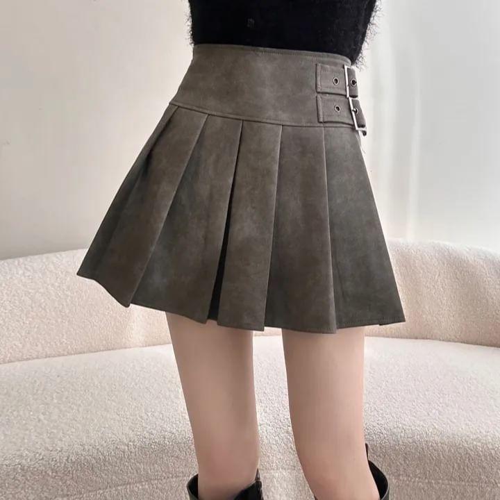 High Waist Plain Pleated Buckled Faux Leather Mini A-Line Skirt Product Image