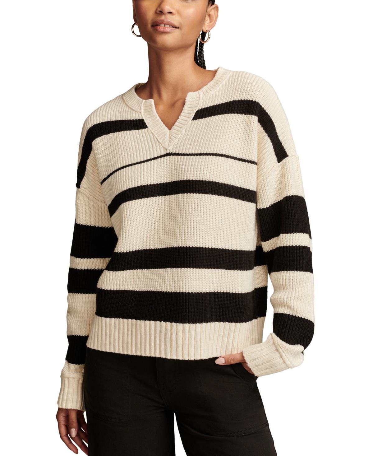 Lucky Brand Womens Striped Notched-Neck Sweater Product Image