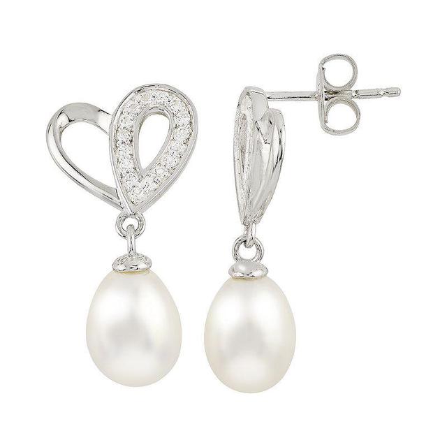 Sterling Silver Freshwater Cultured Pearl and White Topaz Heart Drop Earrings, Womens Product Image