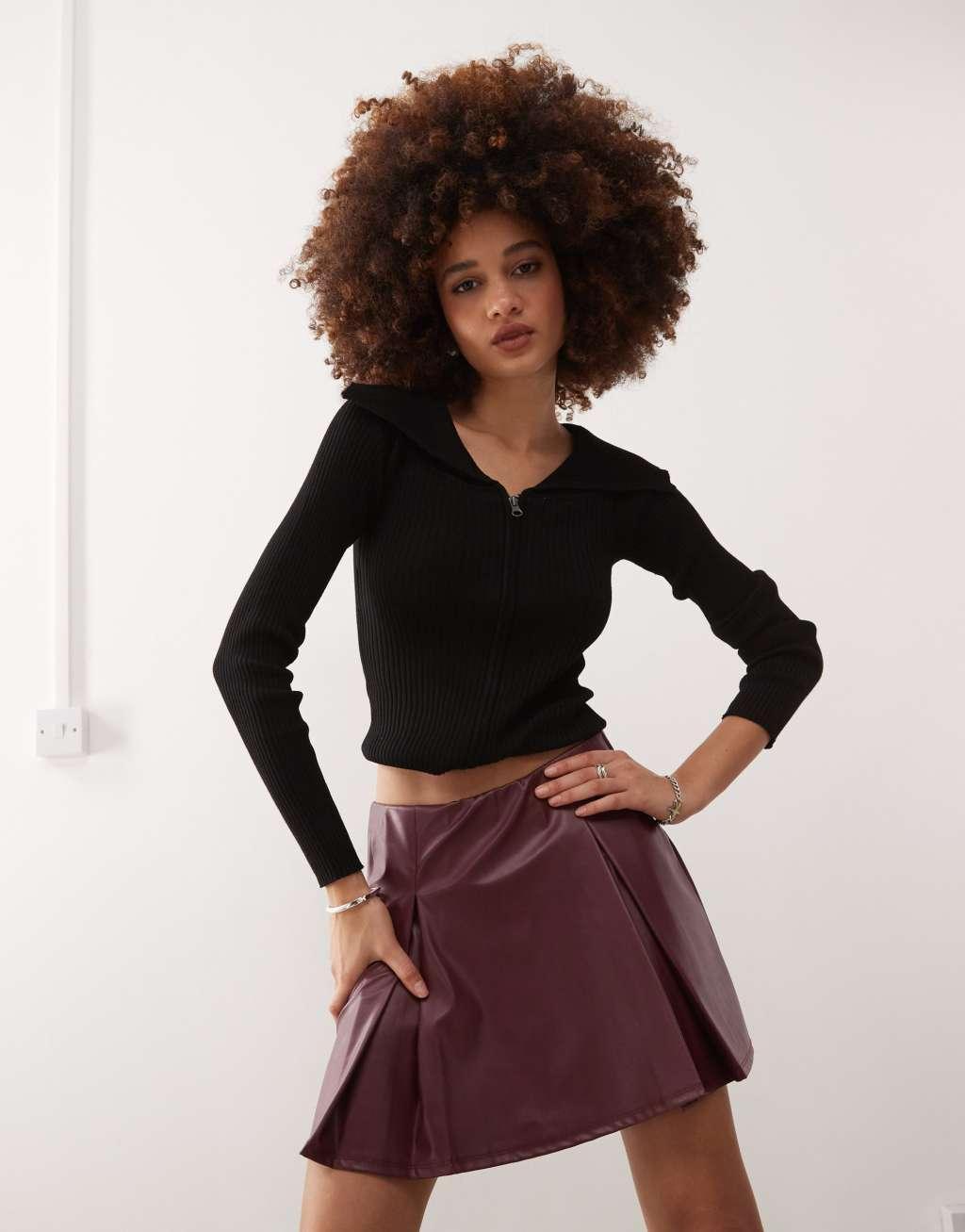 Reclaimed Vintage PU skort in burgundy Product Image