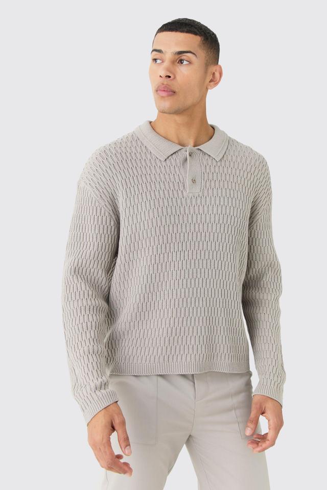 Mens Grey Regular Long Sleeve Textured Knit Polo, Grey Product Image