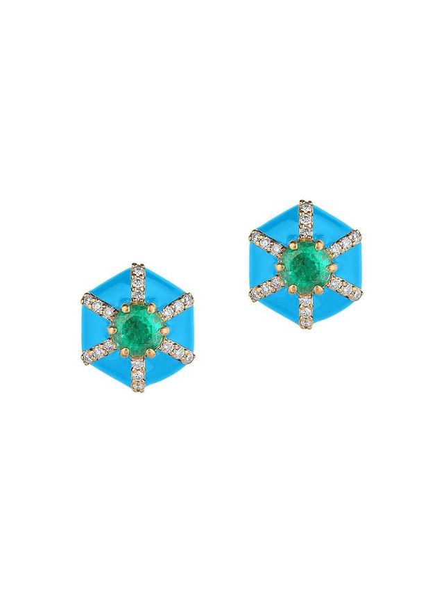 Womens Queen 18K Yellow Gold, Multi-Gemstone, & Enamel Hexagonal Stud Earrings Product Image