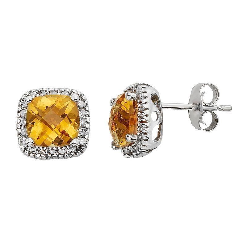 Citrine & 1/6 Carat T.W. Diamond 10k White Gold Halo Button Stud Earrings, Womens, Orange Product Image