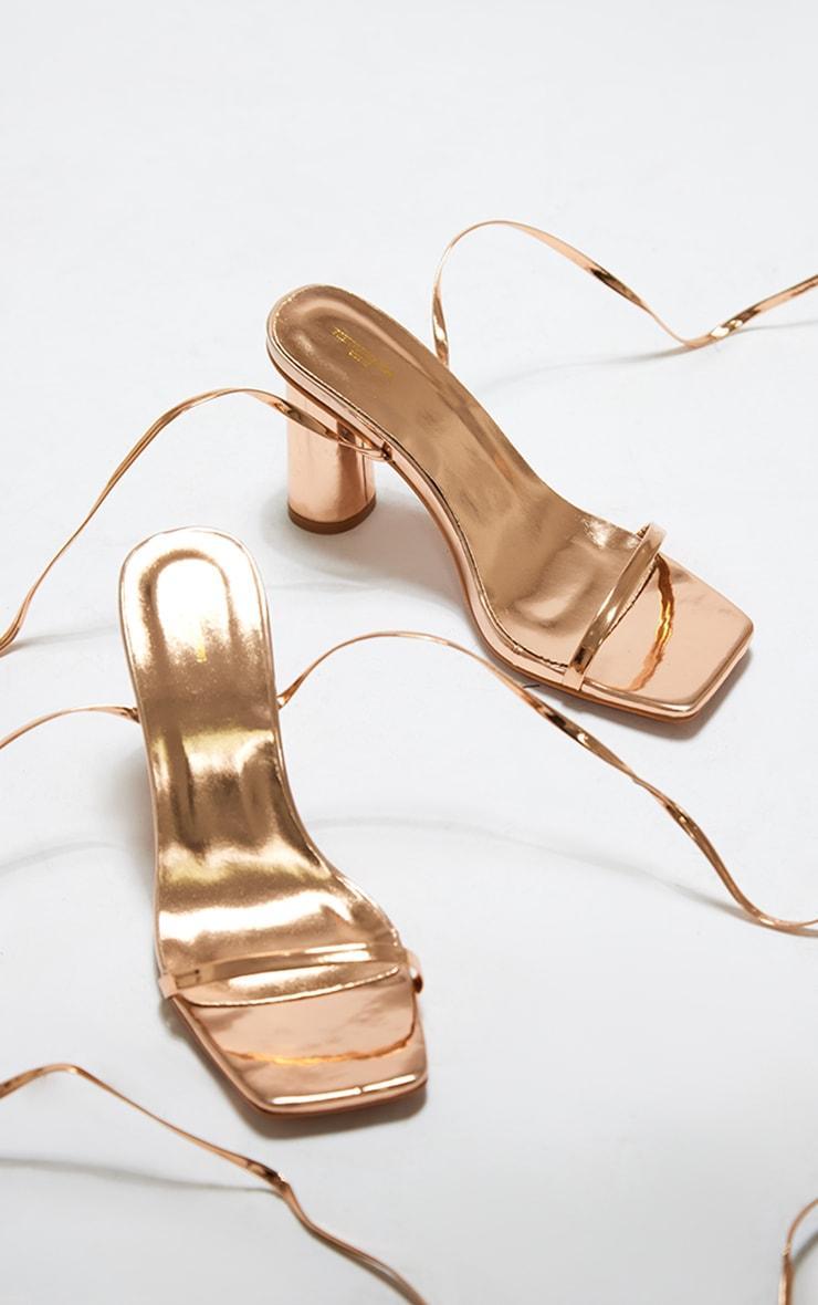 Rose Gold Wide Fit Metallic Pu Square Toe Lace Up High Round Heeled Sandals Product Image