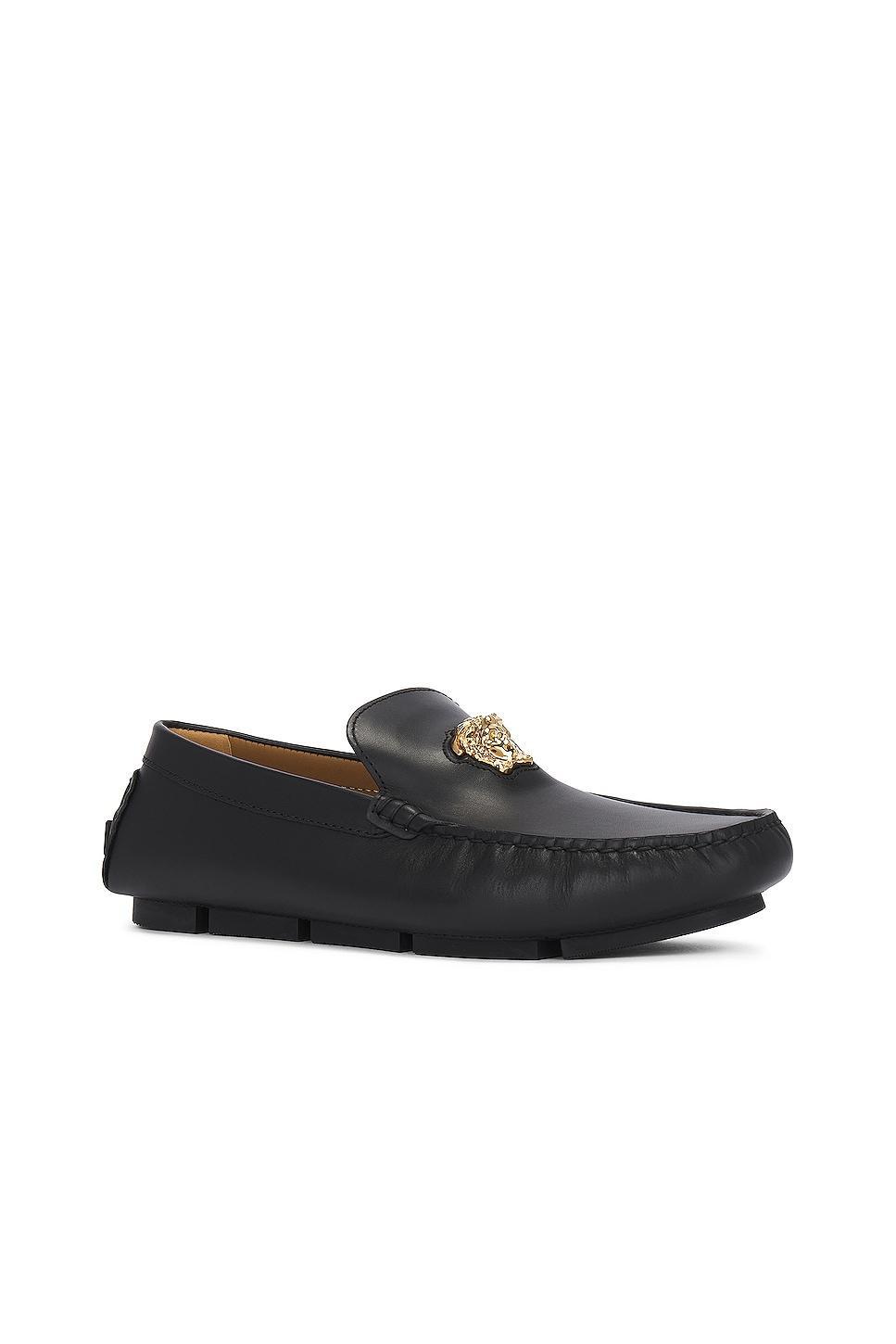 VERSACE Calf Leather Driver in Black - Black. Size 40 (also in ). Product Image