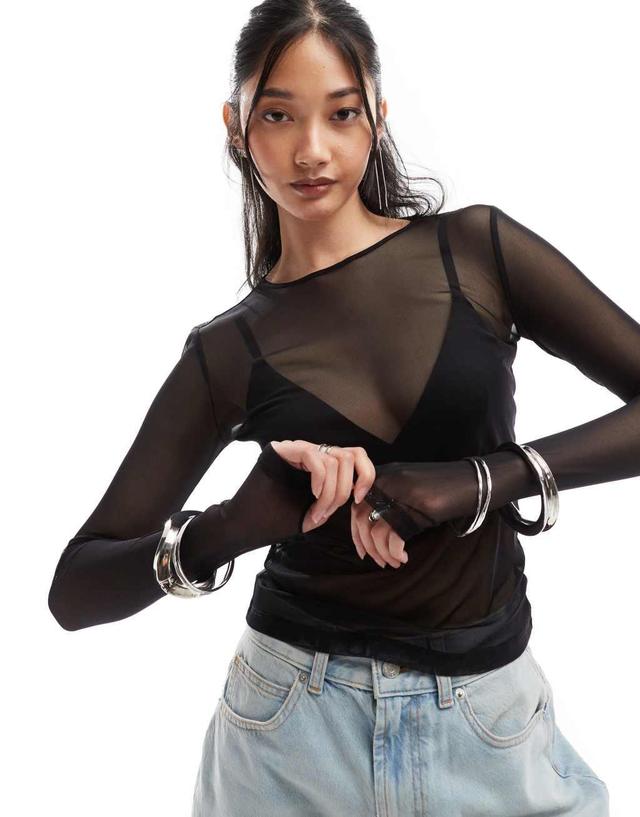 Monki long sleeve sheer top in black Product Image