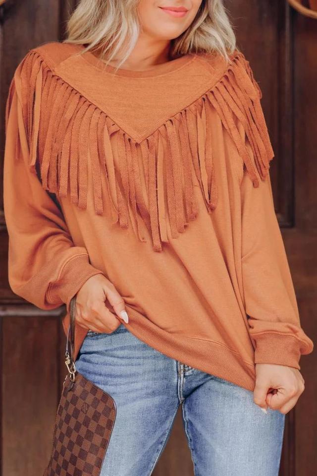 Olivia Mark – Chevron Fringe Loose Pullover Sweatshirt in Solid Brown Product Image