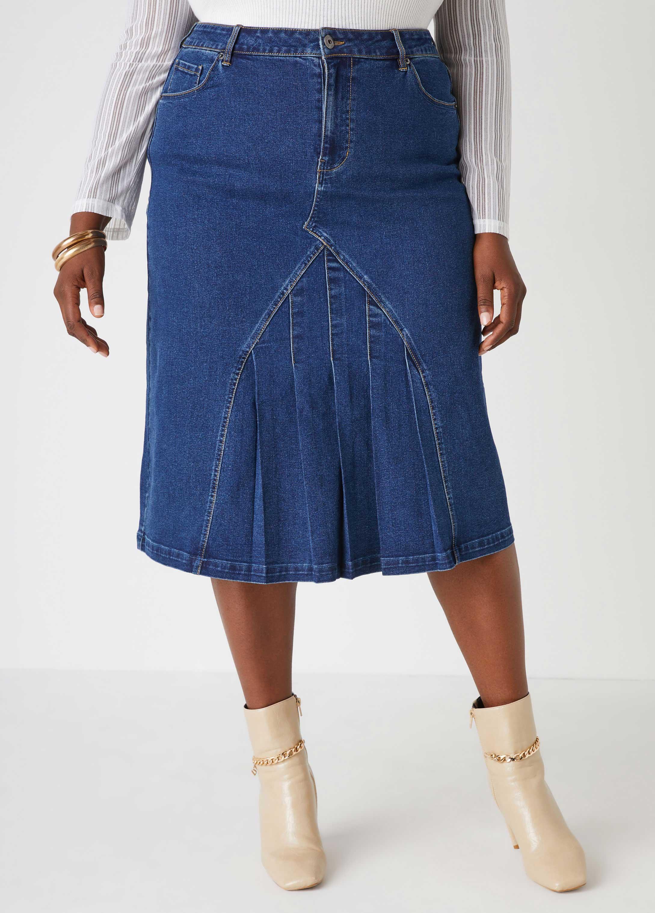 Pleated Denim Midi Skirt Product Image