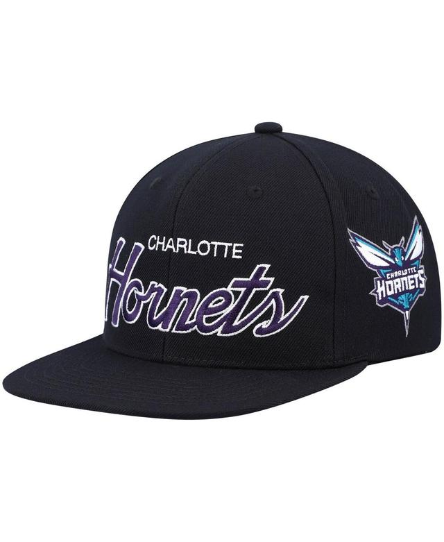 Mens Mitchell & Ness Black Charlotte Hornets Hardwood Classics Script 2.0 Snapback Hat Product Image