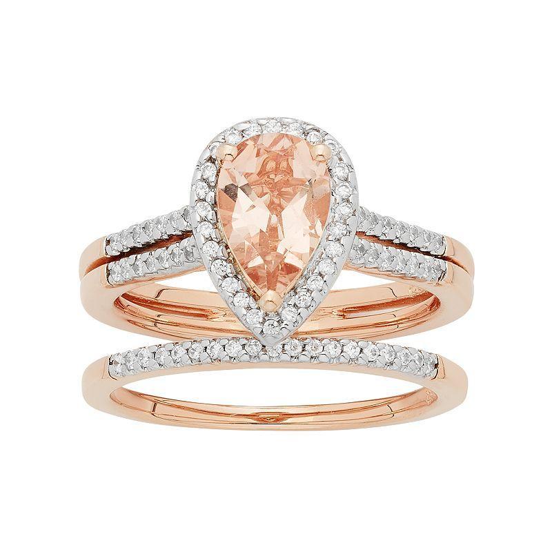 14k Rose Gold Morganite & 1/5 Carat T.W. Diamond Pear Halo Engagement Ring Set, Womens Pink Product Image