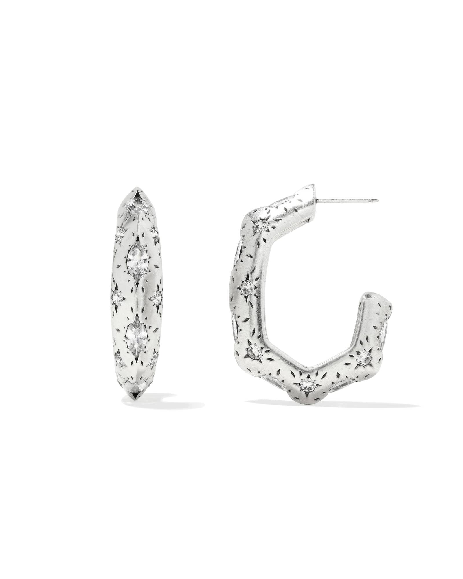 Holland Vintage Silver Hoop Earrings in White Crystal Product Image