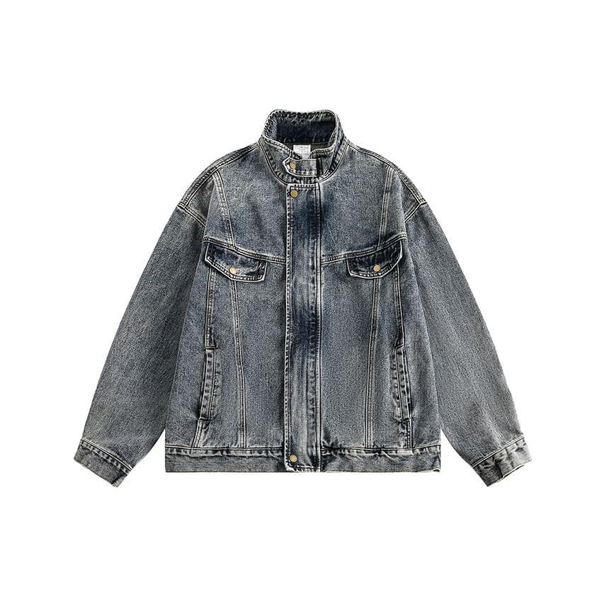 Stand Collar Washed Zip-Up Denim Jacket Product Image