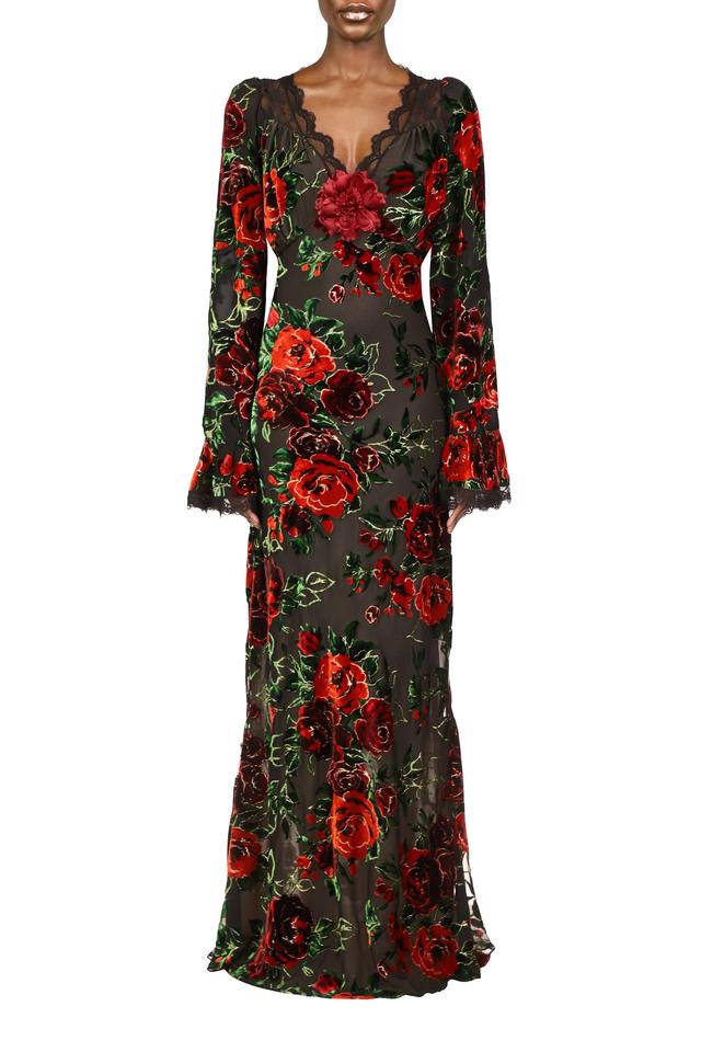 Floral Burnout Velvet Gown Dress With Bell Sleeves Product Image