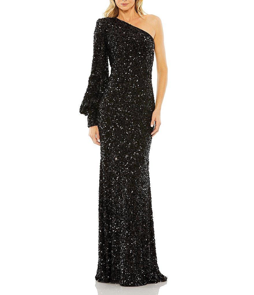 Mac Duggal Sequin Asymmetrical One Long Bishop Sleeve Sheath Gown Product Image