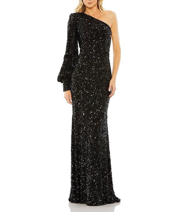 Mac Duggal Sequin Asymmetrical One Long Bishop Sleeve Sheath Gown Product Image