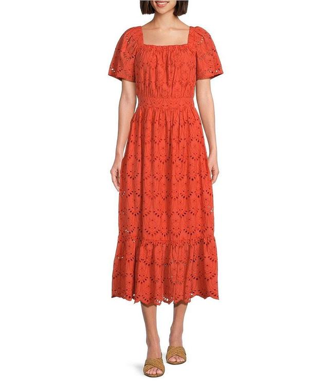 Nurture by Westbound Eyelet Scallop Ruffle Hem Elastic Square Neck Midi A-Line Dress Product Image