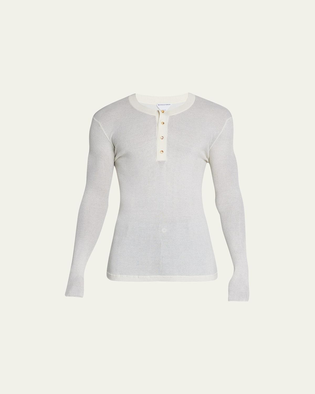 Bottega Veneta Men's Ribbed Henley Shirt  - EBANO/LOTU - Size: Small Product Image