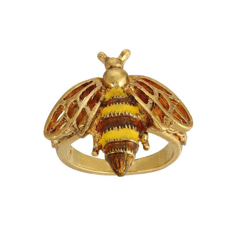 1928 Gold Tone Yellow & Brown Enamel Bee Ring - Size 7, Womens Product Image