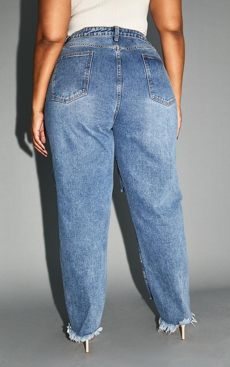 PRETTYLITTLETHING Plus Mid Blue Extreme Ripped Hem Knee Rip Mom Jeans Product Image