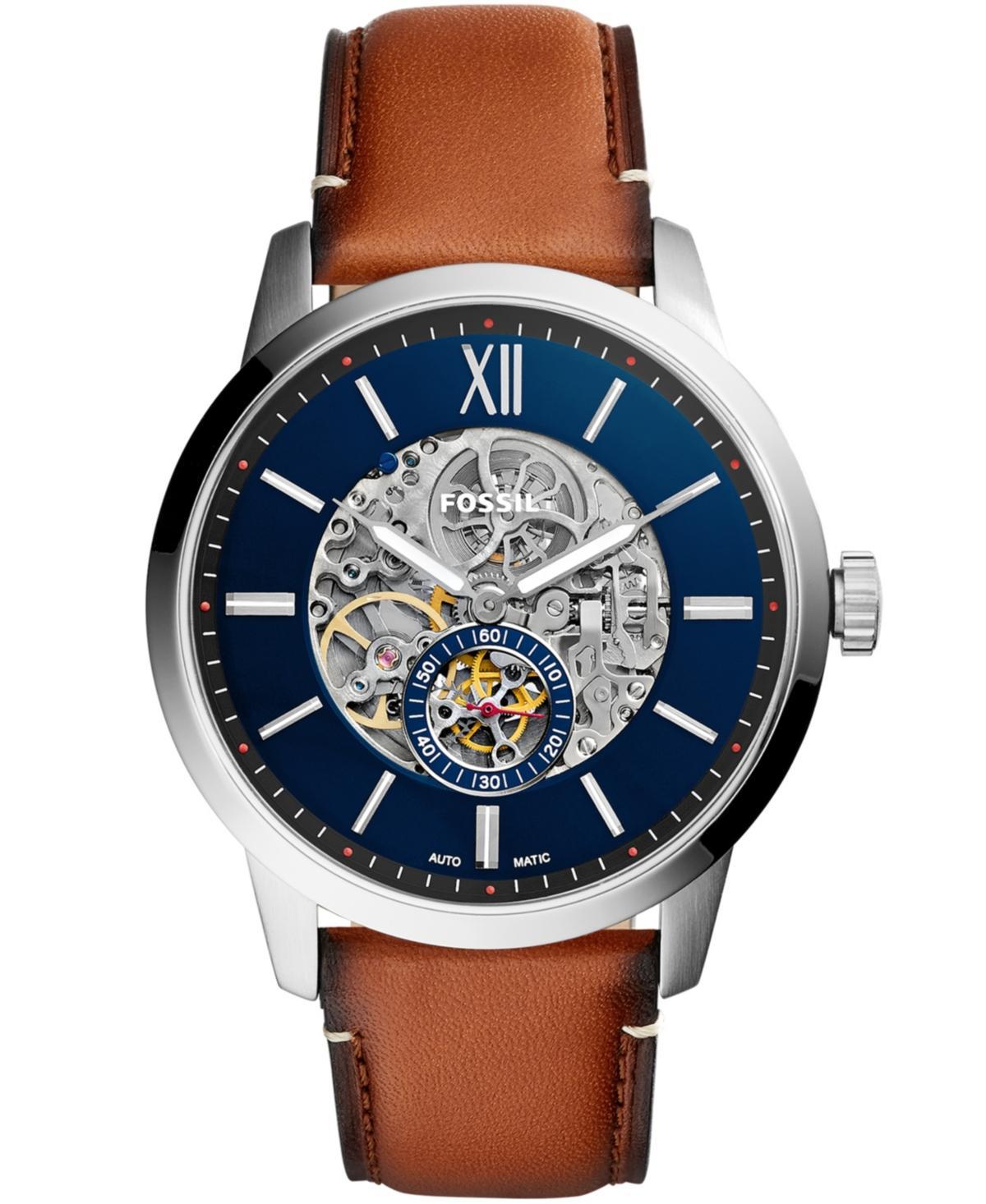 Men's Fossil Townsman Automatic Chronograph Brown Leather Strap Watch with Blue Skeleton Dial (Model: Me3154) Product Image