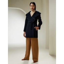 Cashmere-Wool-Blend Belted Short Hooded Coat Product Image