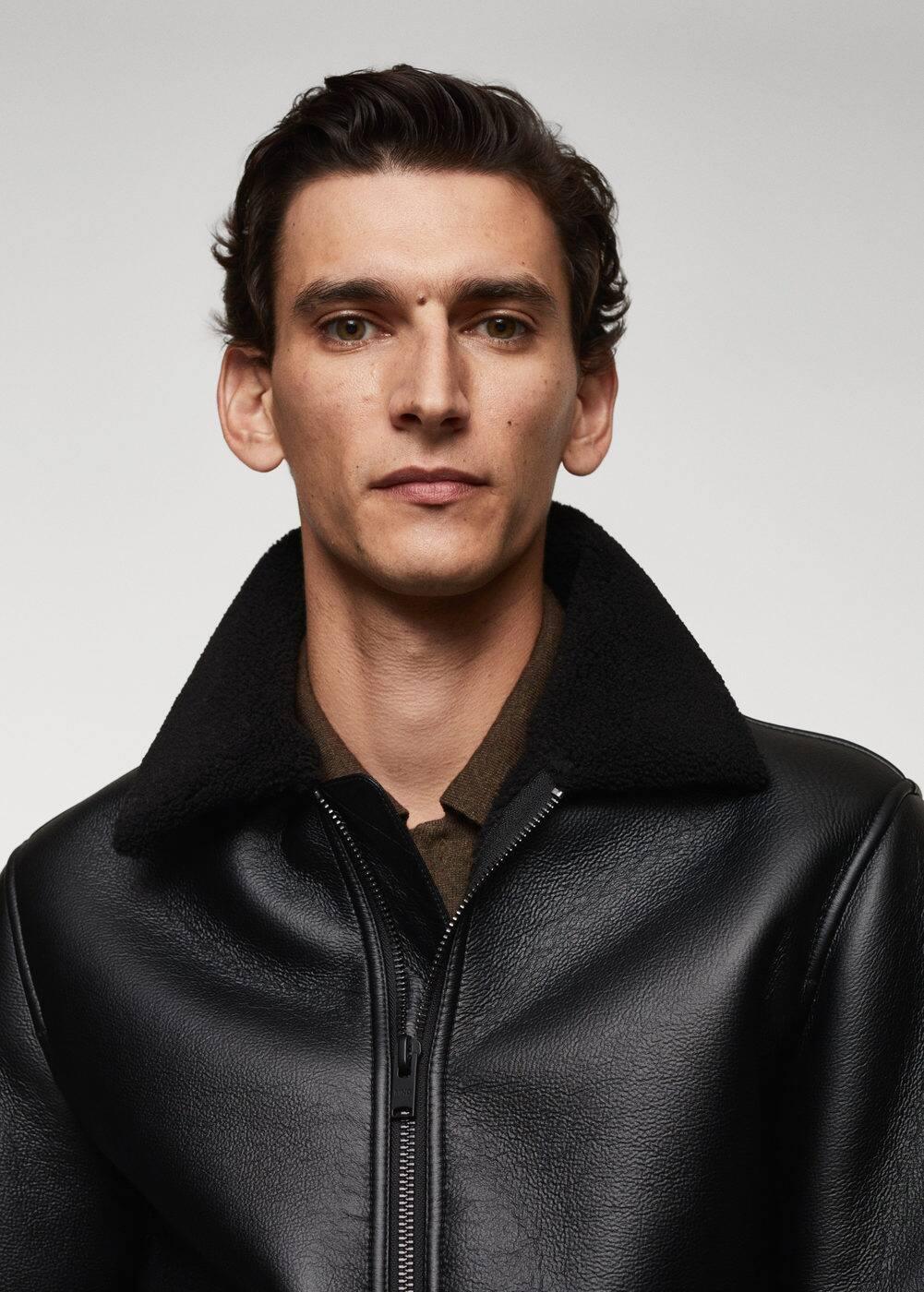 MANGO MAN - Shearling-lined leather-effect jacket blackMen Product Image