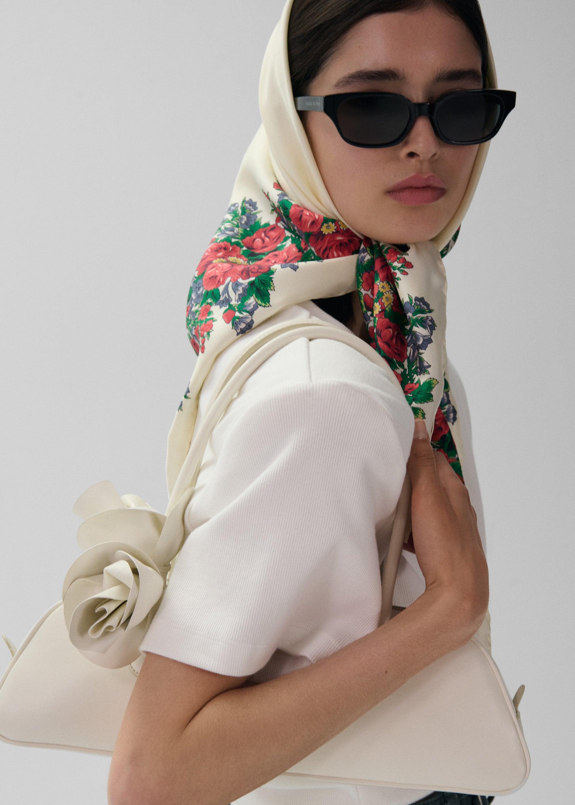 Folk floral print scarf in cream Product Image