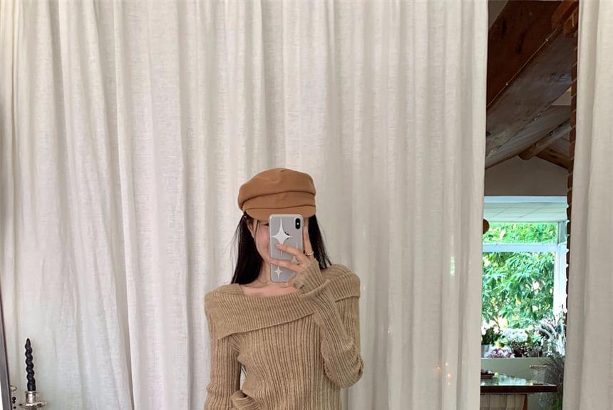 Boat Neck Plain Ribbed Sweater Product Image