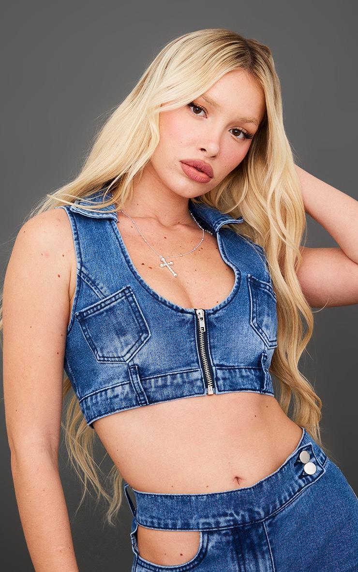 Mid Blue Wash Zip Through Denim Top Product Image