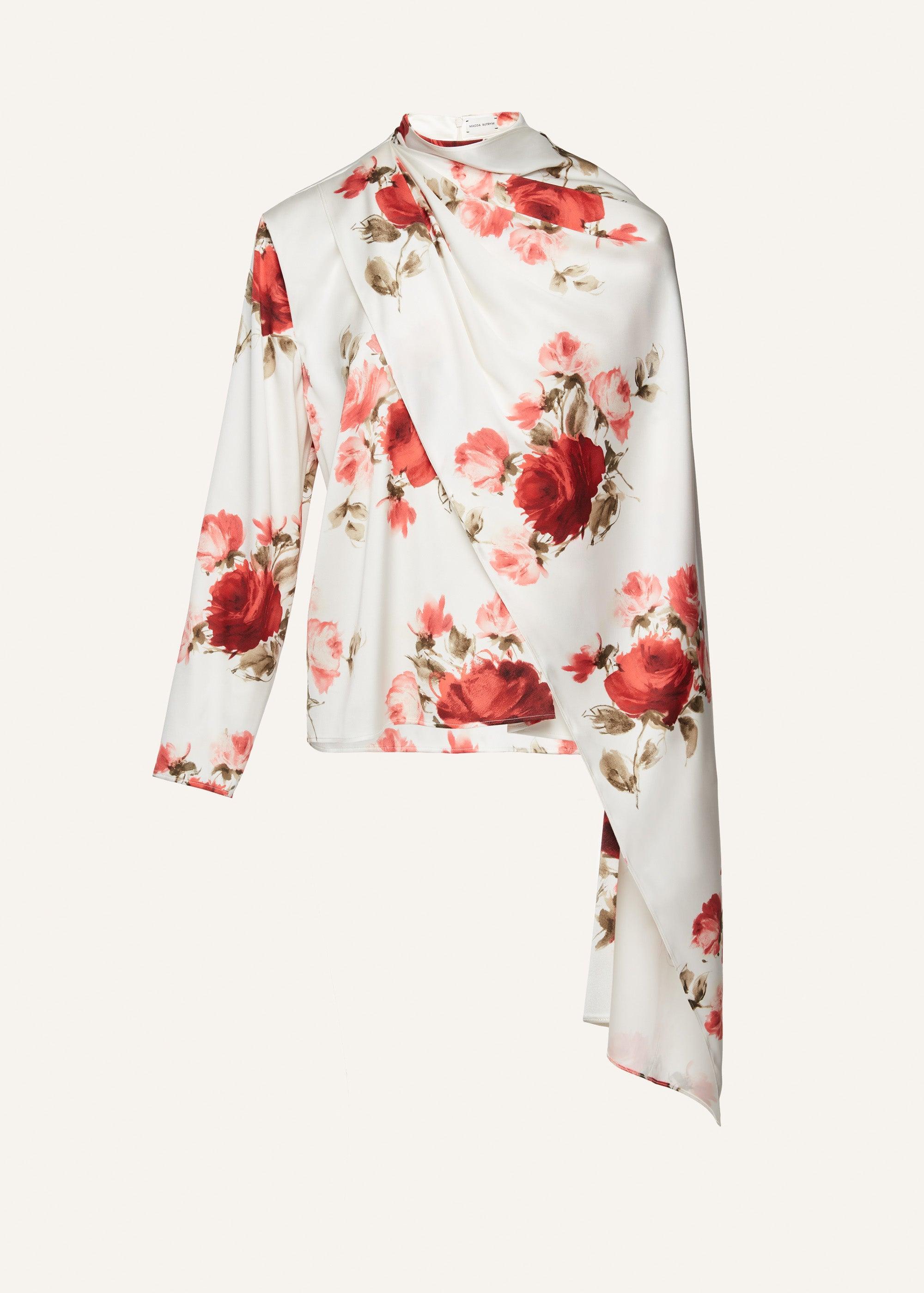 Cape-effect silk blouse in cream print Product Image