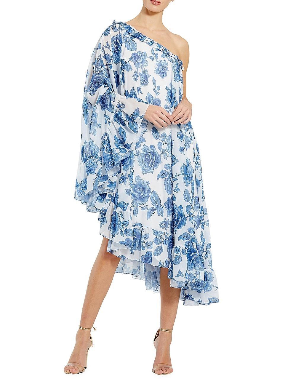 Womens Floral Chiffon One-Shoulder Cape Midi-Dress Product Image