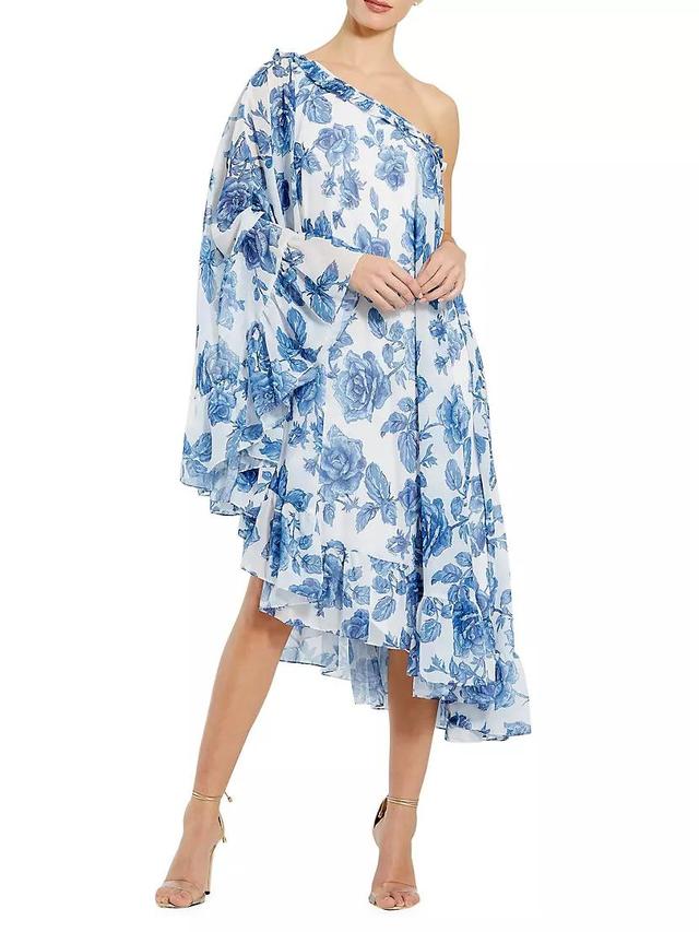 Floral Chiffon One-Shoulder Cape Midi-Dress Product Image