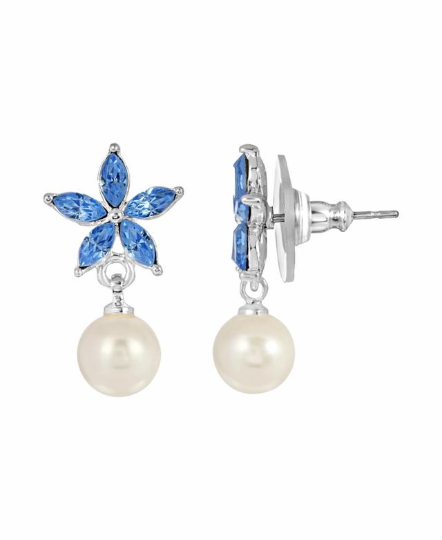 1928 Silver Tone Simulated Crystal and Pearl Flower Drop Earrings, Womens, Blue Product Image